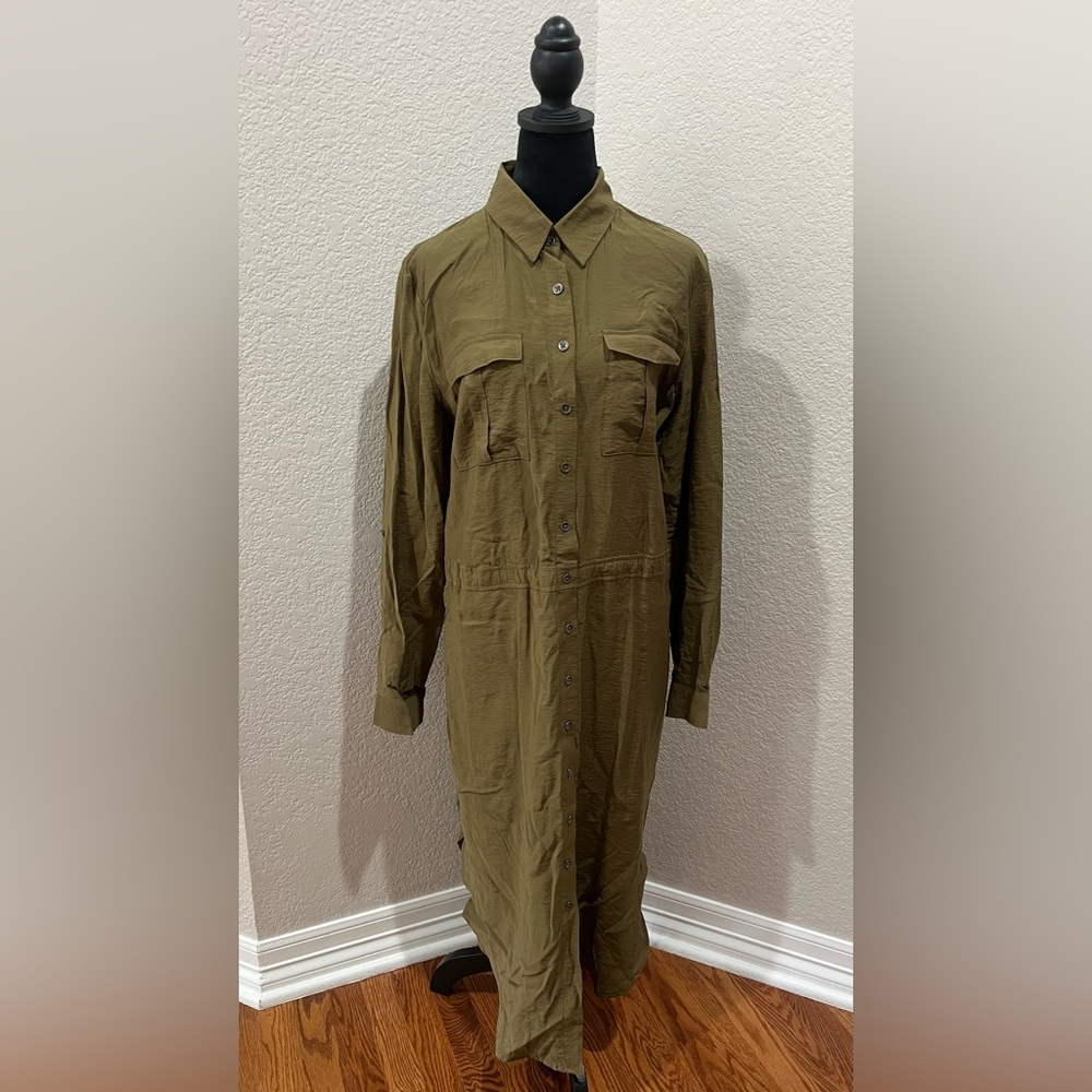 Maeve Anthropologie Olive Green Midi Button Front Drawstring Shirt Dress Size 16